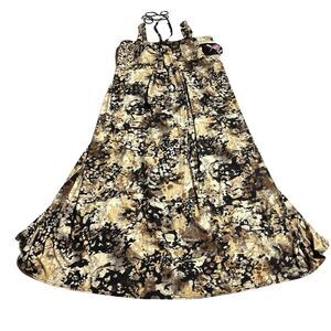 R&M Richards Maxi Dress Beaded Tie Neck A-Line Taupe Black Gold Shimmer 1X NWT